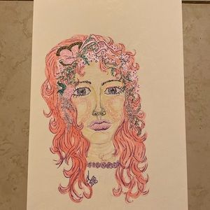 Unframed Original Glittering Butterfly & Feathered Pink Haired Girl Portrait